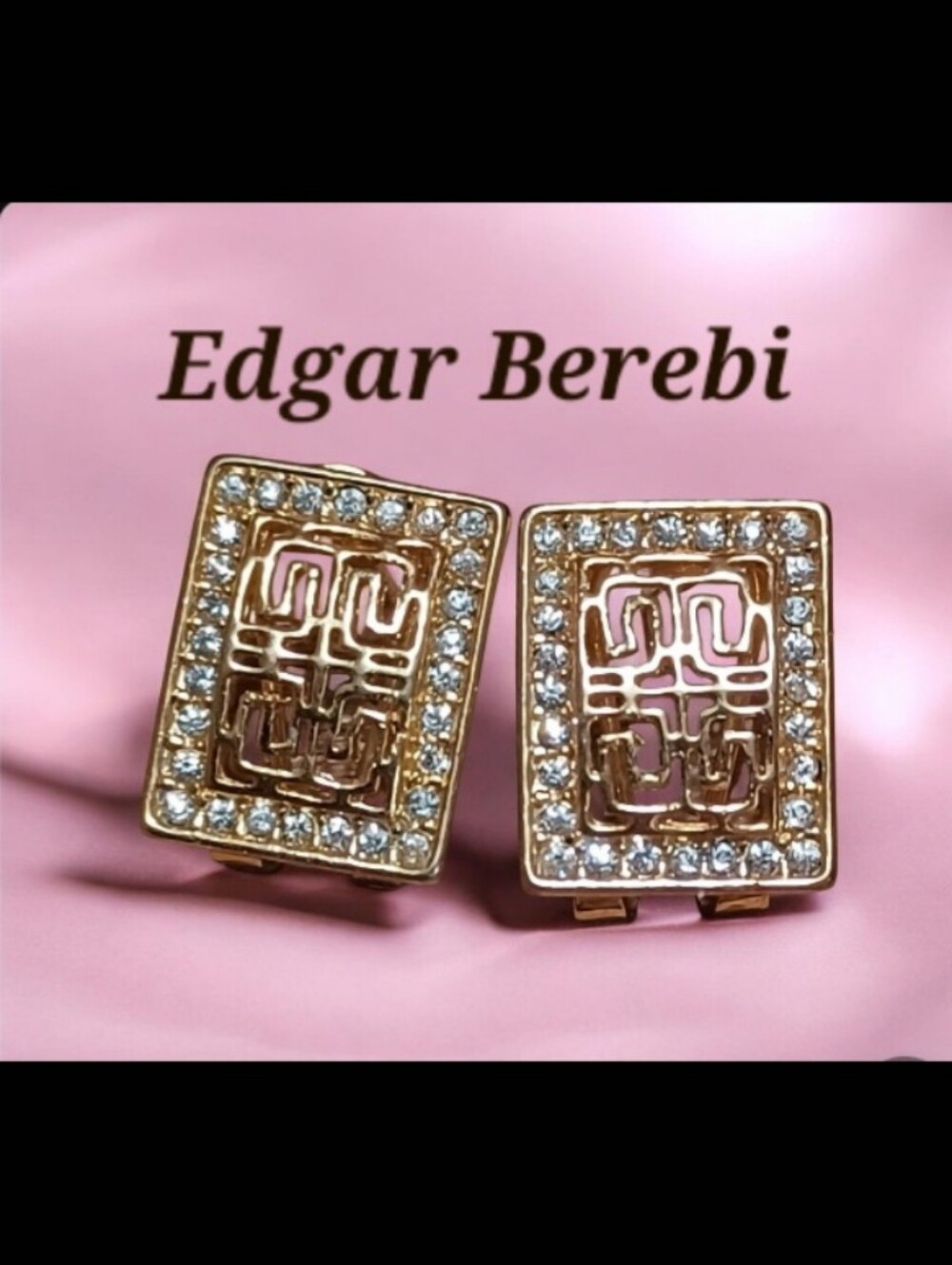 Vintage Edgar Berebi Signed EB Rectangular Openwork Greek Key Crystal Clip Earri